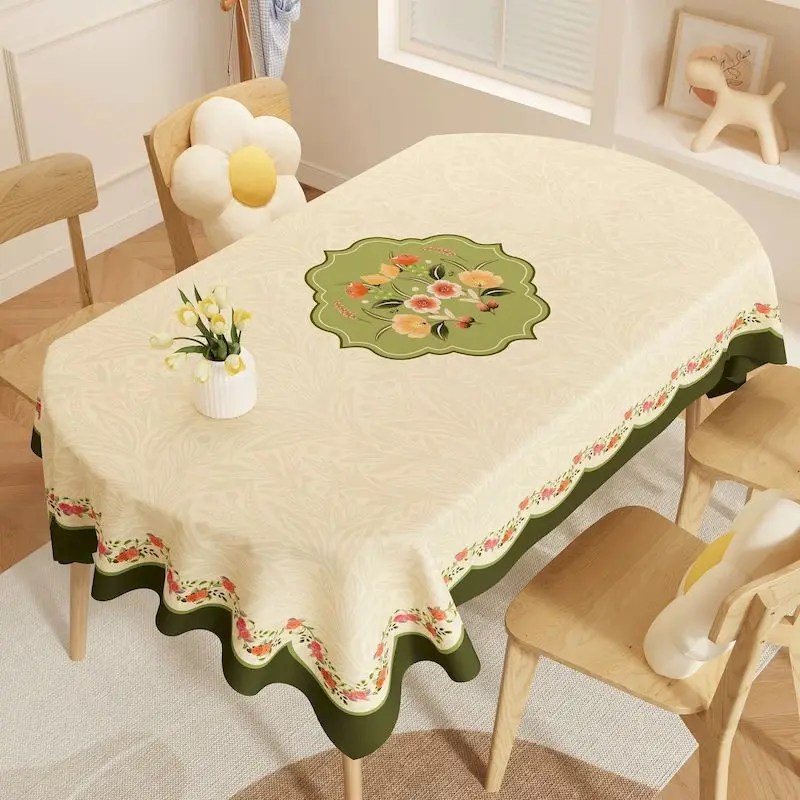 VIKAMA Green Floral Border Tablecloth, 6 Designs, Waterproof Washable Table Cover for Kitchen Dining Party