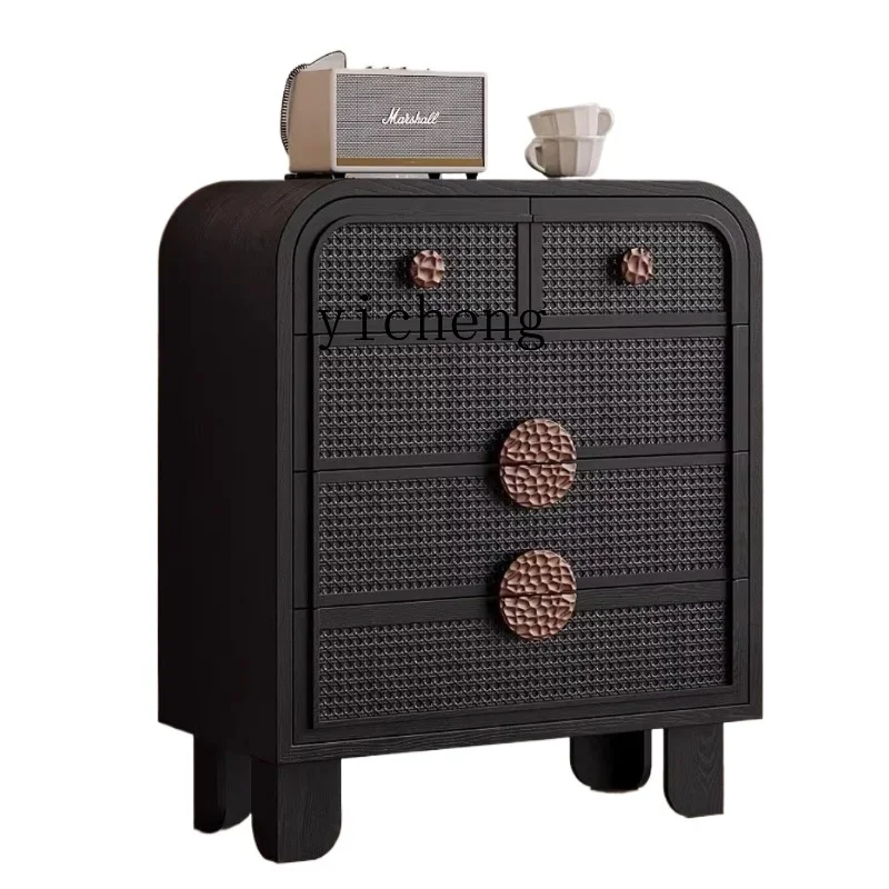 

TQH living room storage cabinet small vertical cabinet retro rattan solid wood leg storage bedroom wall storage cabinet