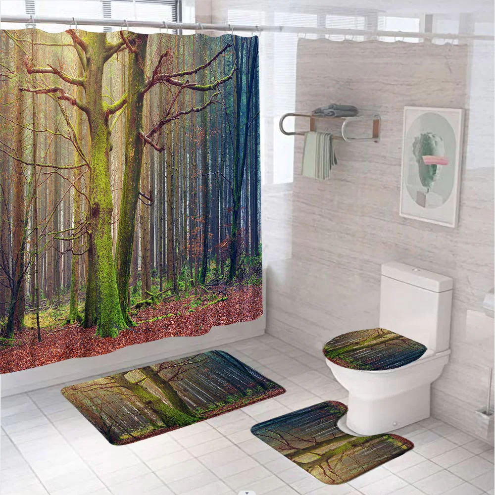 

Autumn Forest Scenery Shower Curtain Set Nature Landscape Garden Fallen Leaves Bathroom Curtains With Bath Mat Rug Toilet Cover