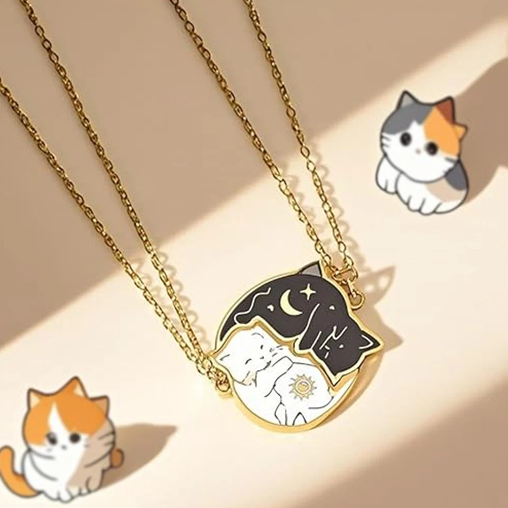 2Pcs Stainless Steel Black White Cat Necklace Love Embrace C