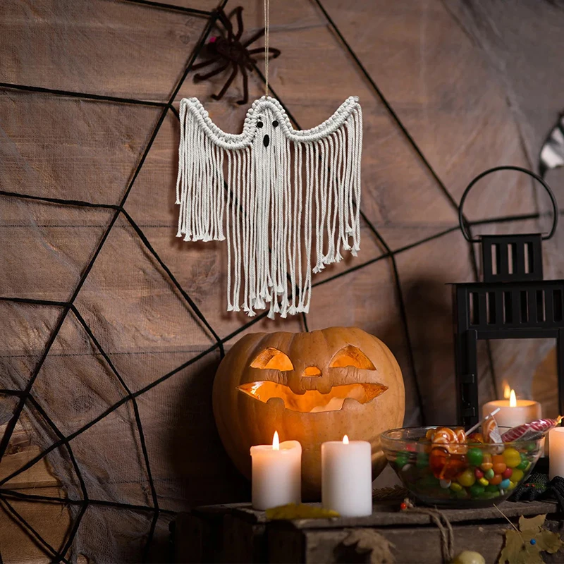 Hand-Woven Tapestries White Ghost Wall Hanging Decoration - Suspends Elegantly, Creates Spooky Holiday Scene, Halloween Tapestry