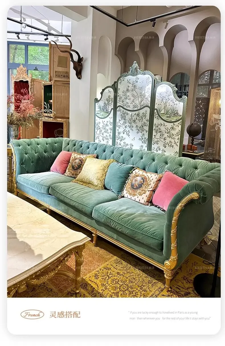 A Chinese Style Retro Pull Button Petal Sofa Imported Solid Wood Carved High-end Villa Living Room Furniture Combinatio