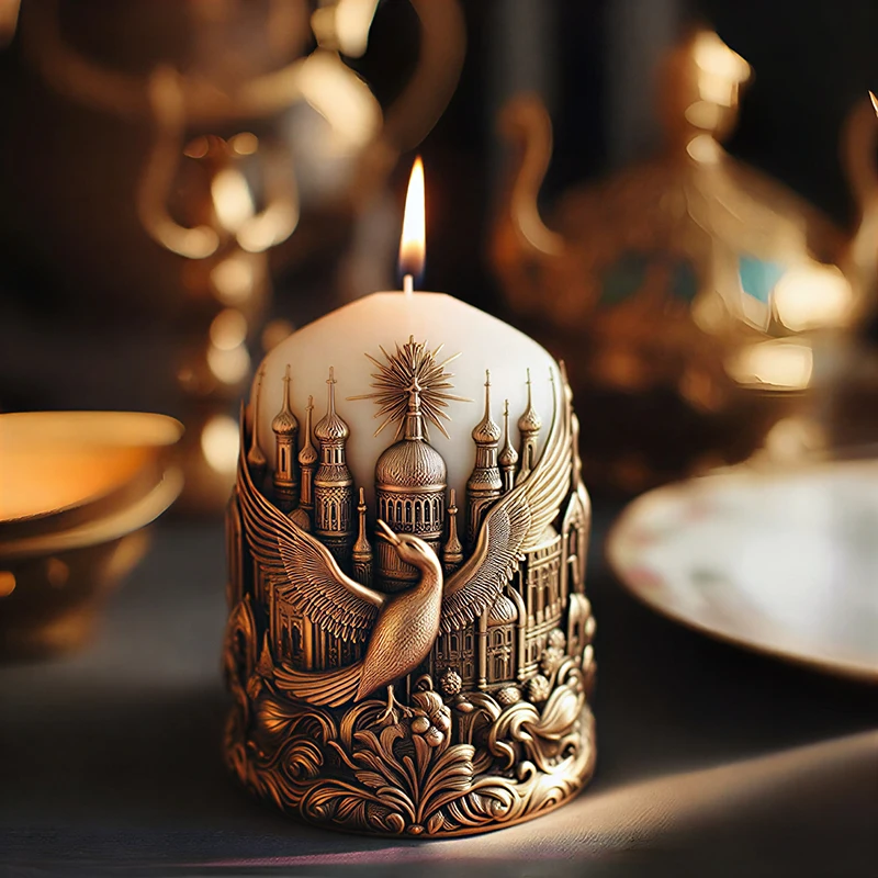 Silicone Mold for Candles with the Theme of Cranes and Sacred Cities, Mold for Making Scented Candles with Three-Dimensional Relief of a Crane Architectural Complex