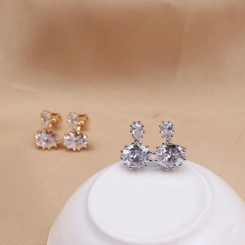 Korean Minimalist Fashion Shiny Zirconia Clip on Earrings Without Pierced Geometric Ear Clips for Women Wedding Party Jewelry