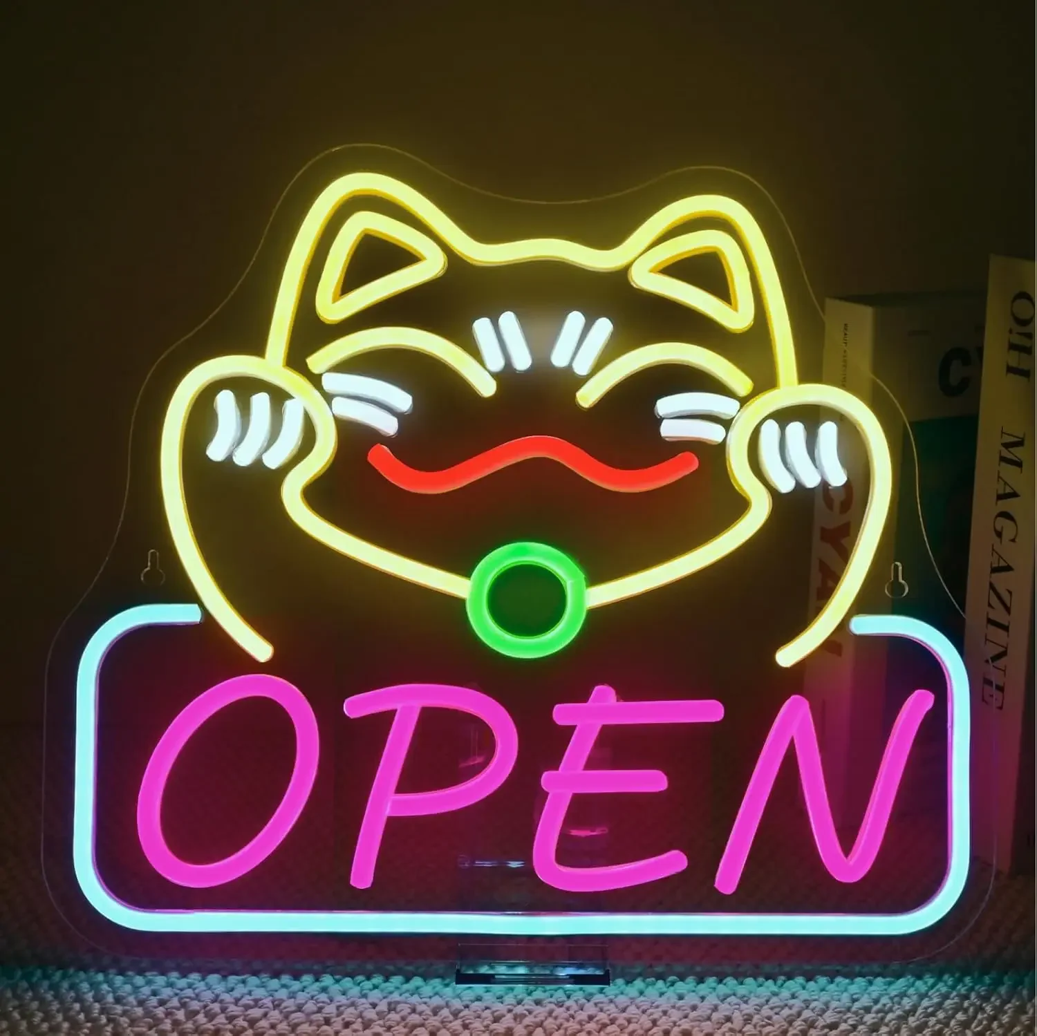 Letrero de neón abierto de gato de la suerte para decoración de pared, luz de neón LED regulable para restaurante, tienda Ramen, decoración de tienda de Sushi Izakaya, negocios