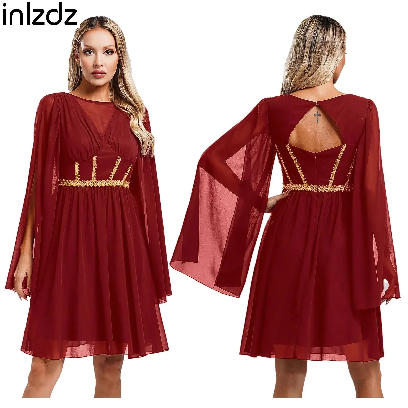 

Women Halloween Greek Beauty Dress V Neck Split Sleeve Built-in Pad Gold Lace Trim Chiffon Dress for Dress-up Party