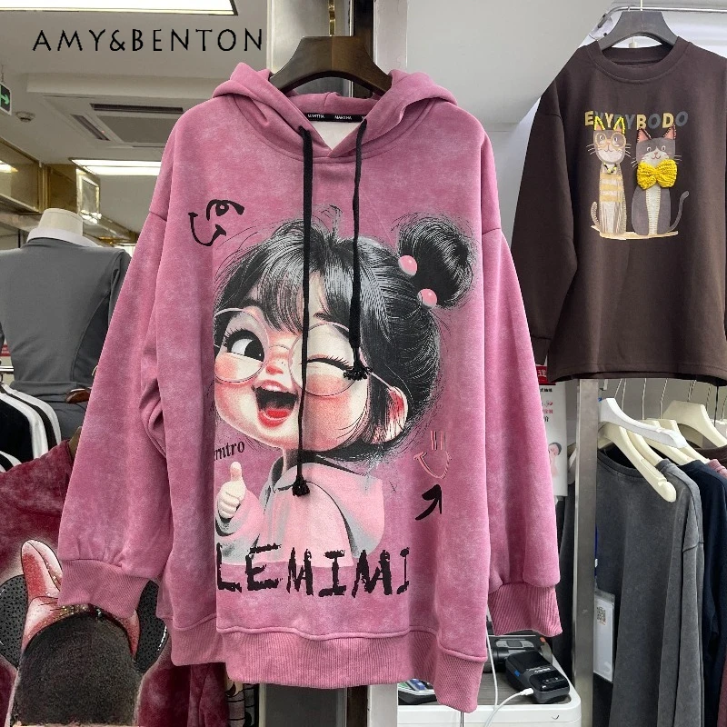 

Fashion American Casual Retro Cartoon Cute Girl Fleece Sweatshirt Loose Slimming Hoodies Long-sleeves Hoodies Kawaii Clothes Top
