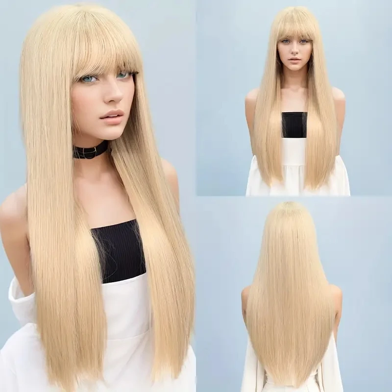 Colorful Long Straight Wig With Bangs Synthetic Wig Beginners Friendly Heat Resistant Party Wigs For Women