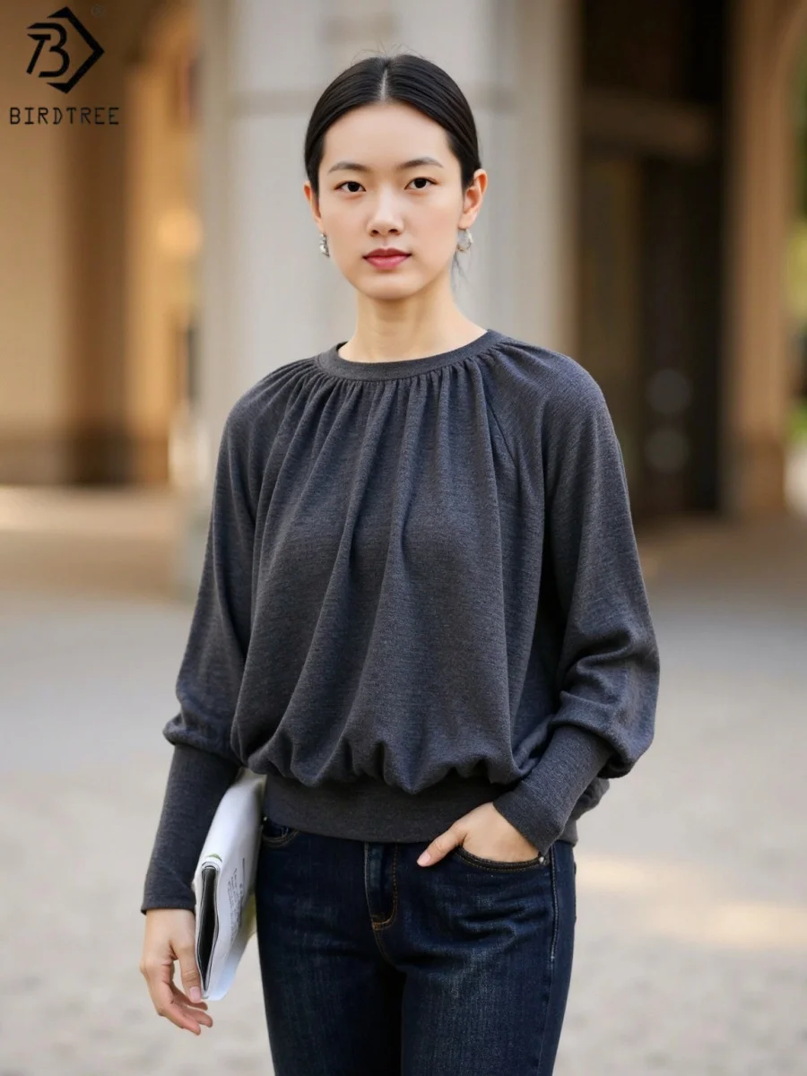 

Свитер Birdtree из 100% овечьей шерсти, женские камвольные прядильные трикотажные топы с круглым вырезом и длинными рукавами, осень 2023, T58225JF