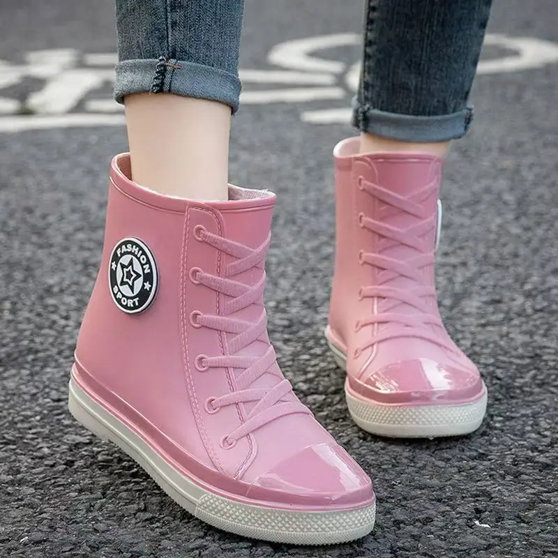 Women New High Top Low Heel Rain Boot Soft Sole Waterproof Detachable Cotton Cover Slip On Kitchen Work Shoes Garden Shoes