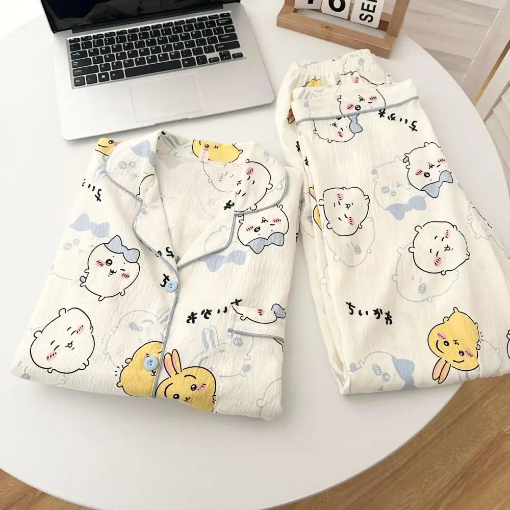 

2025 Anime Chiikawa Autumn Pajamas Suit Women Kawaii Pure Cotton Long Sleeved Pants Hachiwares Cute Cartoon Girls Homewear