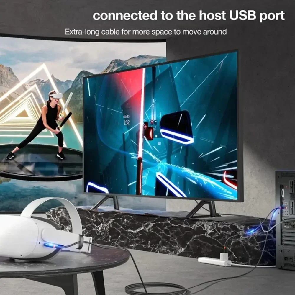 كابل USB3.2 Gen1 VR Link كابل نقل بيانات عالي السرعة 5 متر كابل شحن ثابت 5 جيجابت في الثانية لـ Meta Quest 3/3S/Pico 4 Ultra