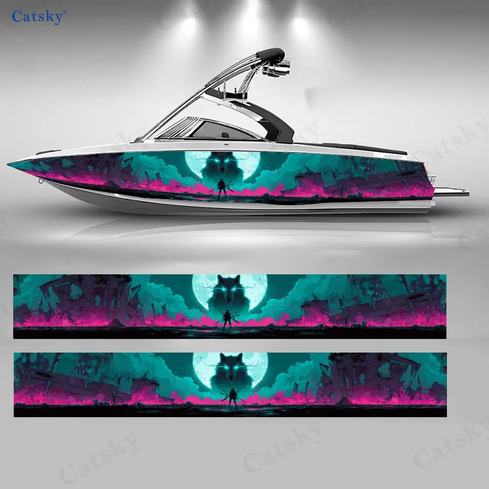 Night Giant Wolf Lone Warrior Boat Stickers, PVC Waterproof Vinyl Wrap Decals for Fishing Boats, Durable and Stylish Design