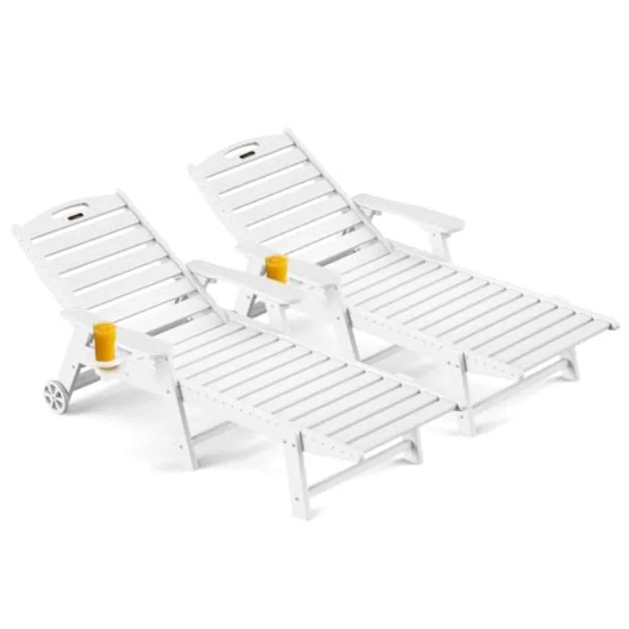 

Outdoor Chaise Lounge Chair Set of 2, Patio Lounge Chairs for Outside, HDPE Lounge Chairs with Wheels and Cup Holder, Poly Loun