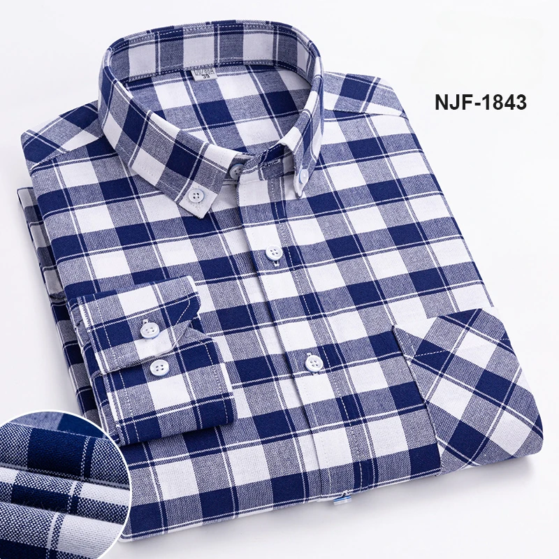 Men\'s Long Sleeve S ~ 6XL Cotton Oxford Shirt Plaid Stripe Business Casual Men\'s Pocket Regular Cut Button Down Men\'s Shirt