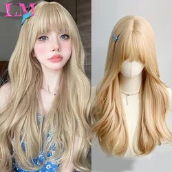 LM Long Wave Wig Women Wig with Bangs Blonde Cospaly Lolita Daily Party Syntetyczne peruki Włókno termoodporne Naturalne sztuczne włosy