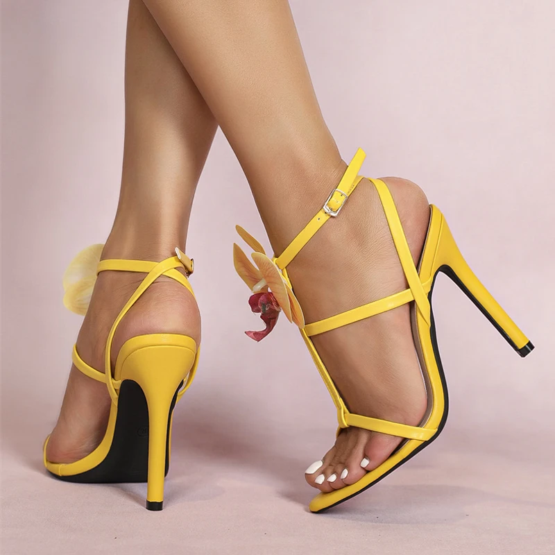 Liyke Summer Fashion Flowers Ankle Strap Gladiator Sandals Women Cozy Open Toe Yellow High Heels Party Dress Shoes Size 36-43