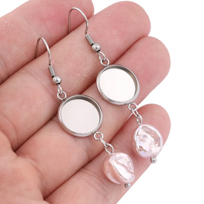 6pcs 그레이 핑크 진주 귀걸이 기본 공백 매달려 12mm 카보 숑 설정 트레이 Diy 귀고리 보석 만들기위한 결과