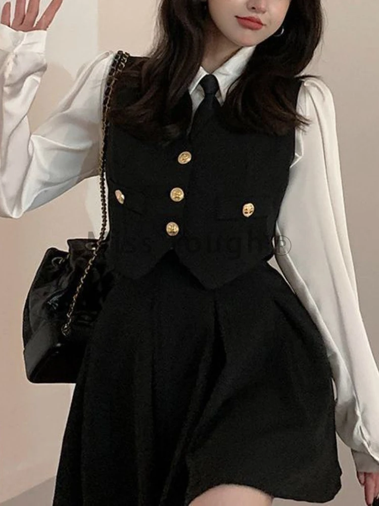 School Style Vest Shirt Three Piece Set Female Autumn Sexy Button Design Street Uniform Set Women Y2k Korea Fashion Simple Suit