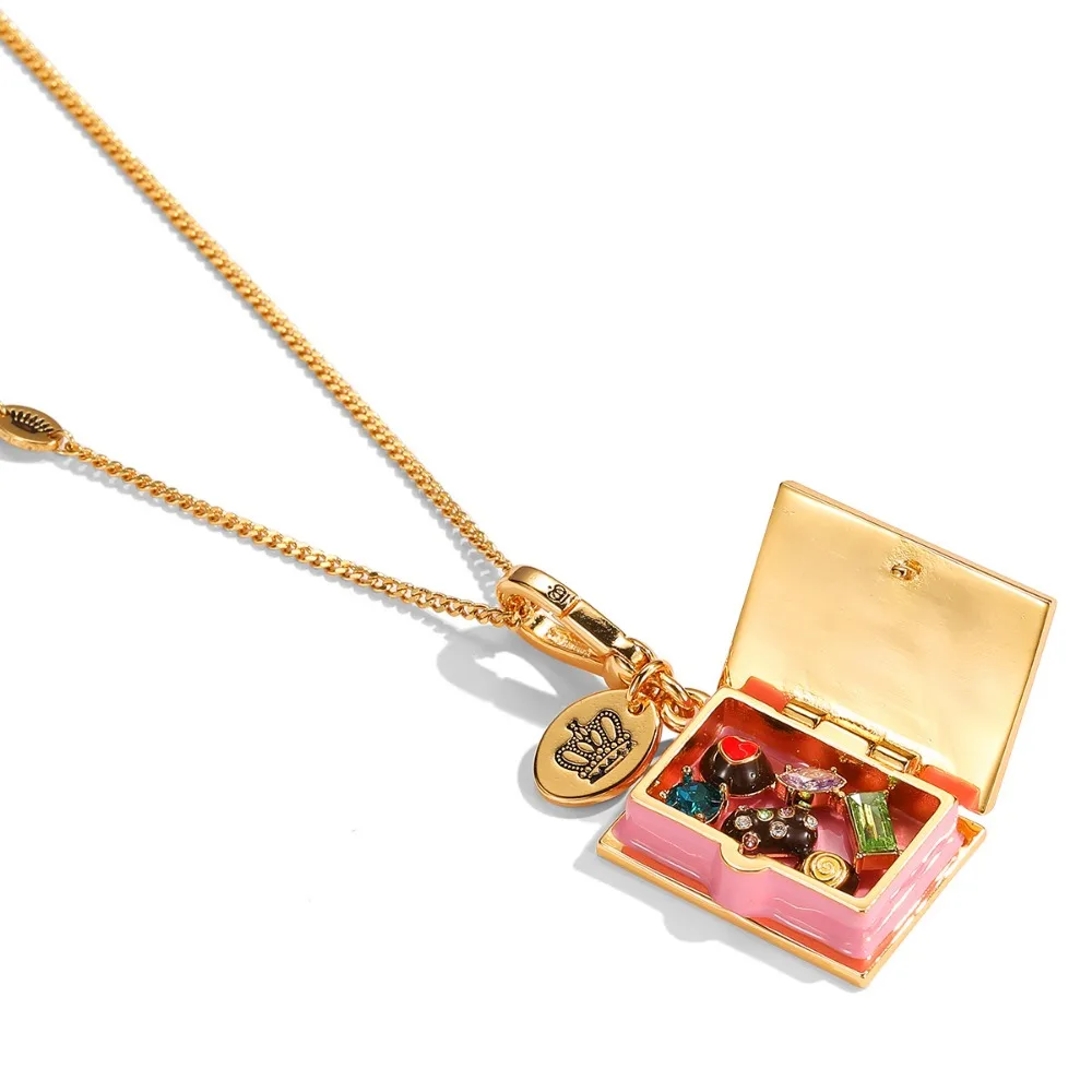 Light Luxury High End Enamel Printed Letter Openable Chocolate Square Box Pendant Necklace Women Fashion Bag Charm Accessories