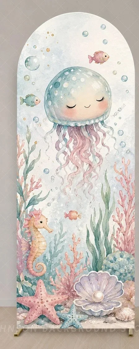 Pastel Under the Sea shell Arch Backdrop Jellyfish Fish Ocean Birthday Party Background Mermaid Baby Shower Decor