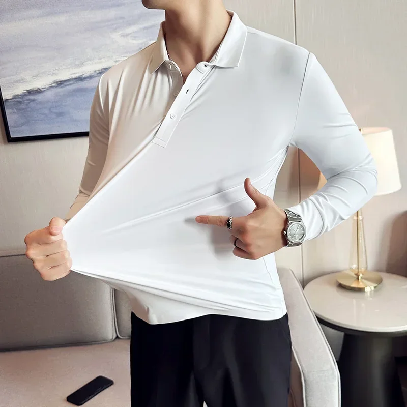 

High Elasticity Men POLO Shirt Base Tops Ice Silk Fabric Solid Casual Long Sleeve POLO Shirt Casual Slim Fit T Shirt WT161