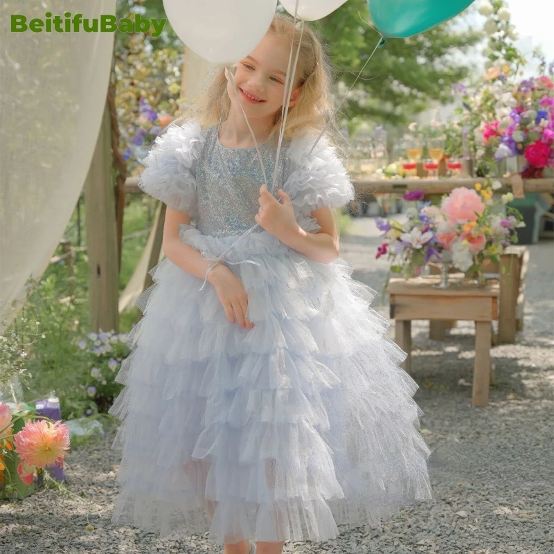 

BeitifuBaby 2024 Children's Party Dress Princess Style Short-sleeved Sequins Top Lace Tiered Skirt Ball Gown Flower Girl Dresses