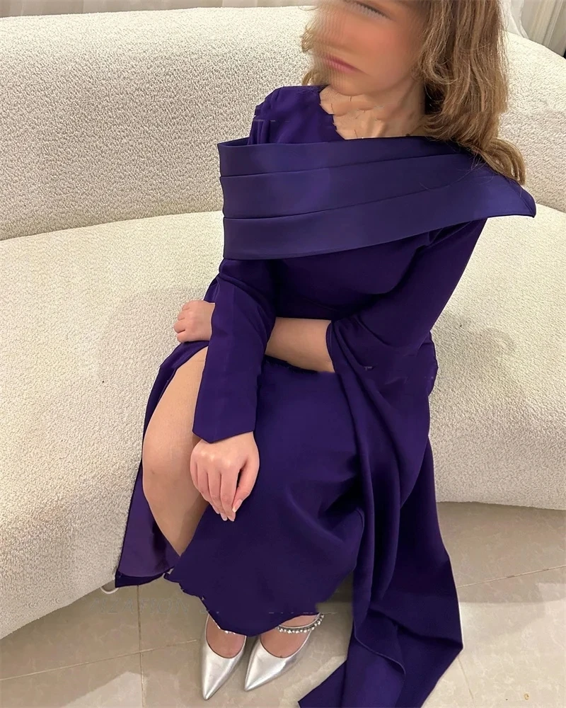 Romantic Purple Satin Mermaid Floor Length Off Shoulder Side Split Formal Occasion Prom Dresses Long Sleeves Evening Gowns 2024