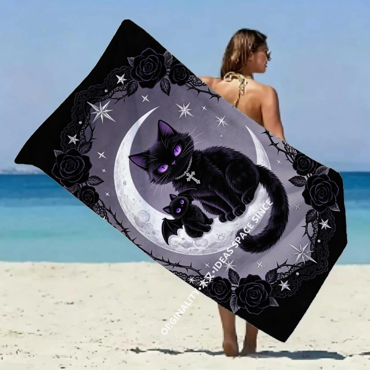 Gothic Moon Black Cat Beach Towel Patterned Sunscreen And Windproof Suitable For Swimming Pool Camping Travel