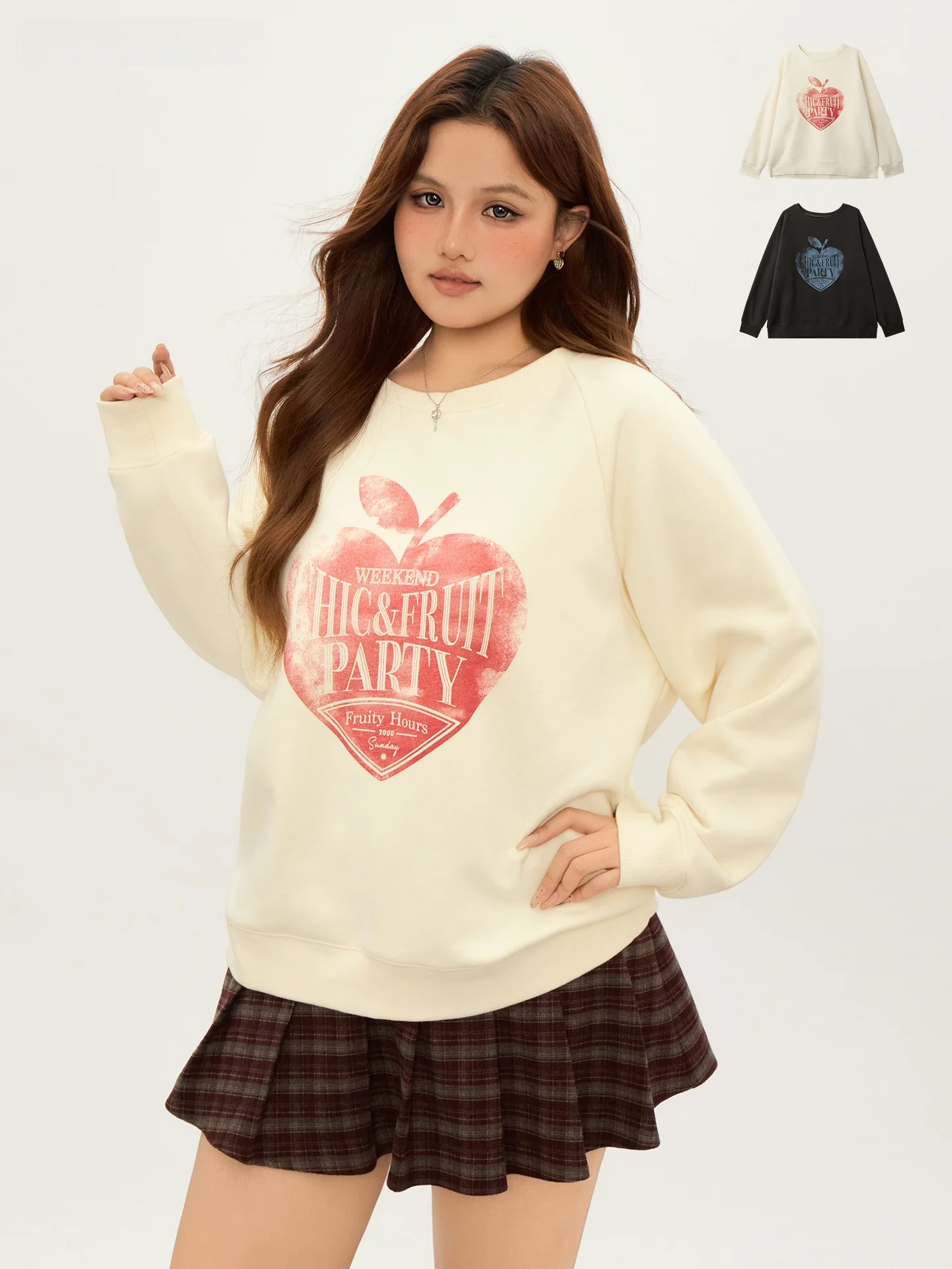 

Autumn Winter round Ne Sweatirt Printed Base Layer Overhead Fitting Friendly Large Size American Sle Women's plus Size