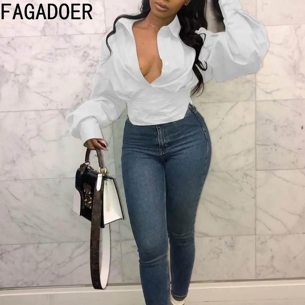 FAGADOER Spring New 2025 Fashion Shirt Women Solid Color Lantern Sleeve Chic Tunic Buttons Crop Top Female Streetwear Clothing