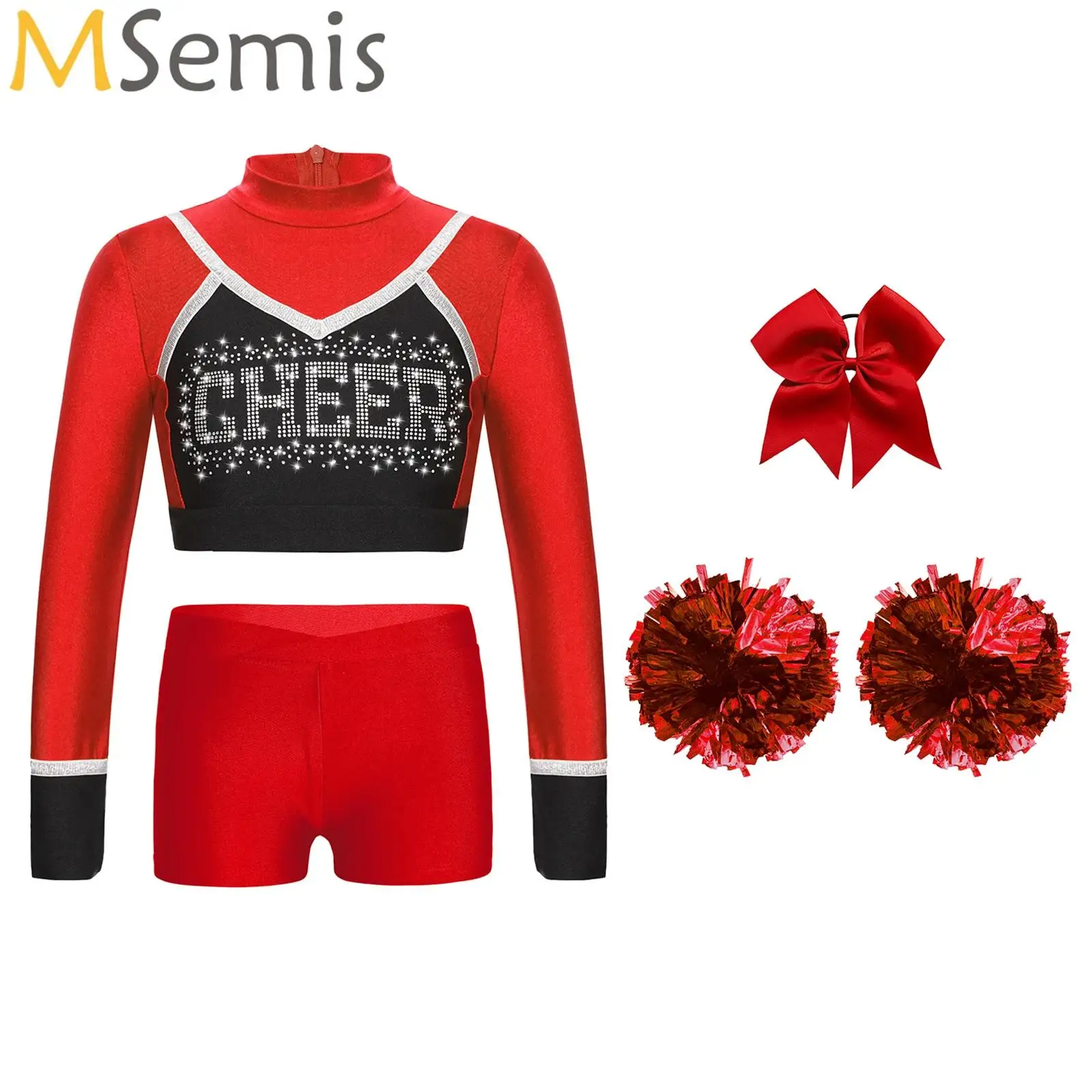 Kids Girls Cheerleading Uniforms School Cheer Dance Outfit Cheerleader Costume Children Glittery Rhinestones Cheerlead Outfits