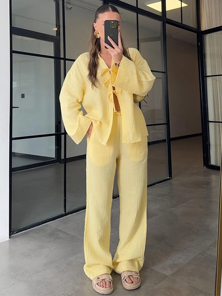 

Новая мода, однотонный повседневный наряд с бантом, весенний женский топ с длинными рукавами на шнуровке + свободные широкие брюки с высокой талией, осенний комплект из двух предметов