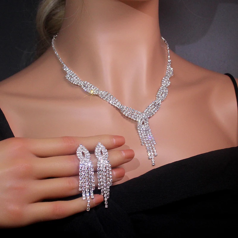 Silver Color Luxury Bridal Jewelry Sets Women Accessories Fashion Tassel Rhinestone Necklace Earrings Sets Wedding Jewelry