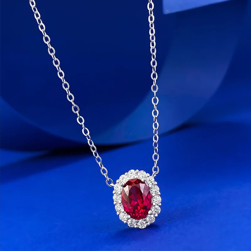 925 Cross border New Product Silver Necklace European and American Style Ruby Oval 6 * 9 Geometric Pendant 40+5