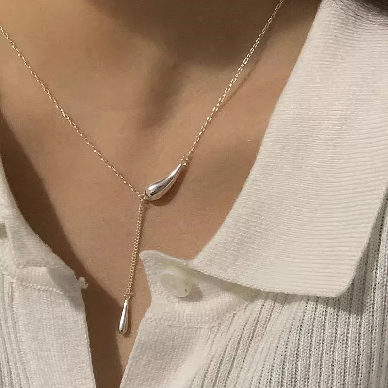 

Hot Sale 925 Sterling Silver Necklace For Women Water Drop Tassel Minimalism Versatile Trend Korean Jewelry Gifts Wholesale