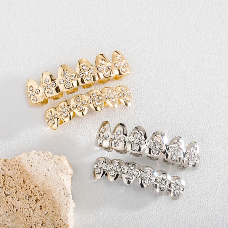 Micro Inlaid Rhinestone Teeth Grill Jewelry Set Suitable Both Men Women Decorative Rapper Accessories Role-Playing Mouth Grillz