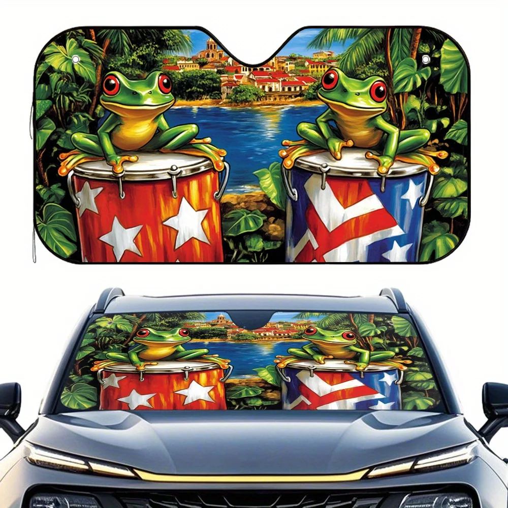 One Piece 2D Flat Frog Drum Band Car Sunshade – Chic And Functional, Maintains Your Vehicle'S Coolness, Comes With 4 Suction Cup