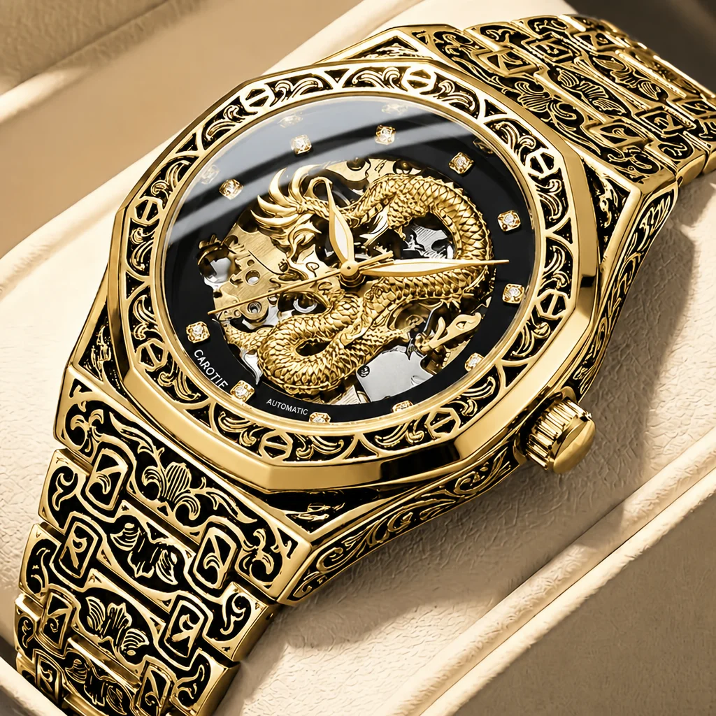 A men's black and gold steel strap stylish, elegant, vintage finely engraved gold dragon fully automatic mechanical watch
