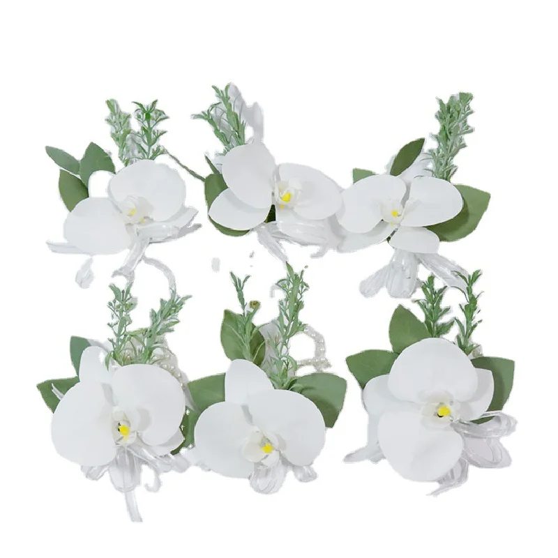 Boutonniere And Wrist Corsag Wedding Supplies Banquet Guests Simulated Flowers Bride and Bride White Phalaenopsis Orchid 451