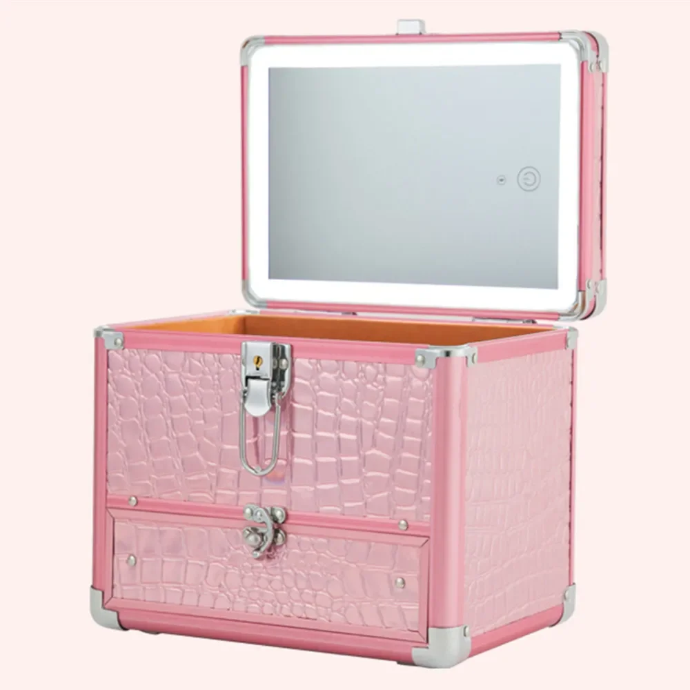 Large Capacity Portable LED Light Mirror Cosmetic Case Travel Artist Makeup Bag Nail Tattoo Box Suitcase Handbag Aluminum Frame