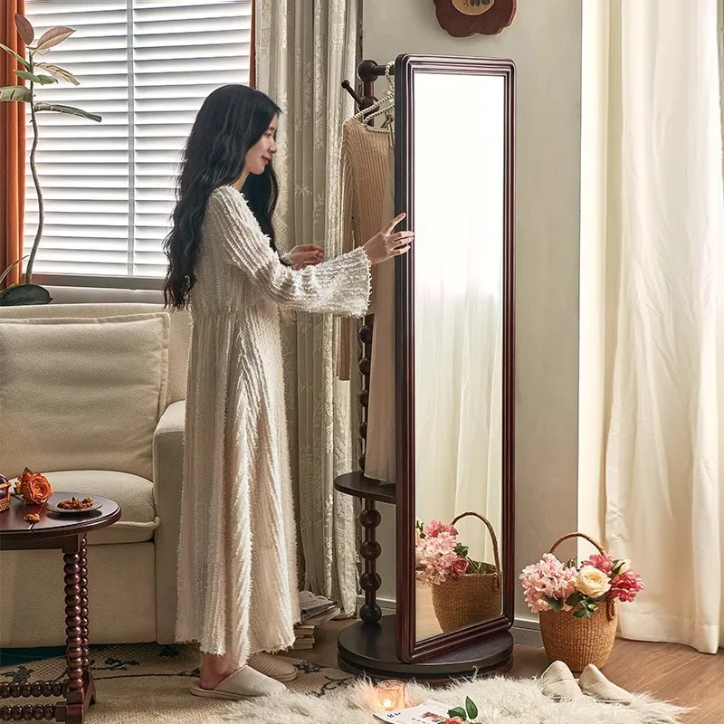 

Retro style full-length mirror coat rack for home and dual-purpose floor-to-ceiling full-length mirror, bedroom can be rotated,