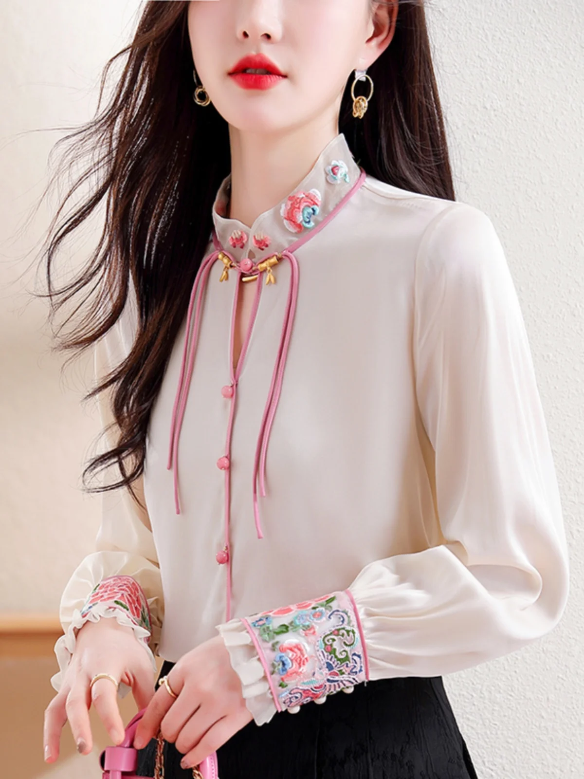 

New Chinese Sle Faionable irt Women's Premium Feel Autumn Winter New Arrival Loose Fit Long Sve Stand Collar C...