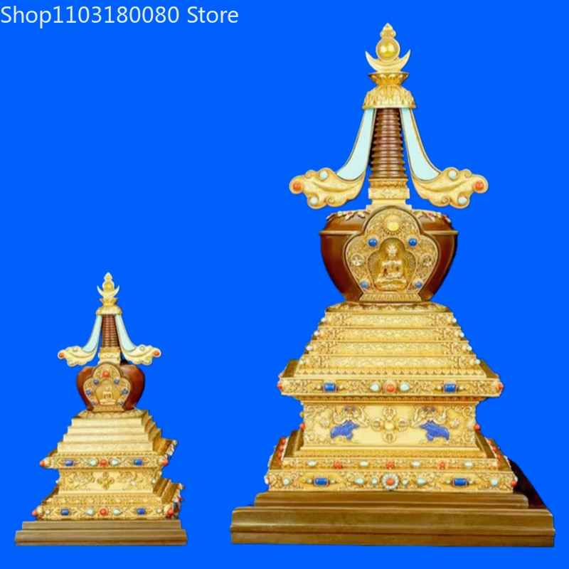Copper gilding inlay Stupa statue Tibet sarira dagoba sculpture Temple Worship decor, 37cm,19cm