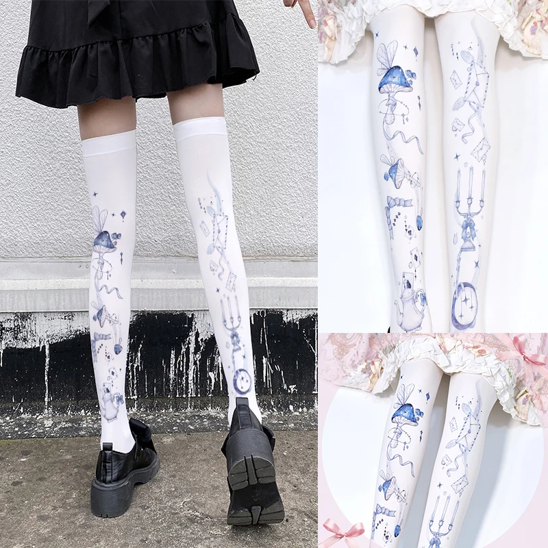 Nowe Lolita pończochy damskie białe drukowanie 3D wtórne Yuan Kawaii słodkie Harajuku podkolanówki dziewczęce JK pończochy Cosplay
