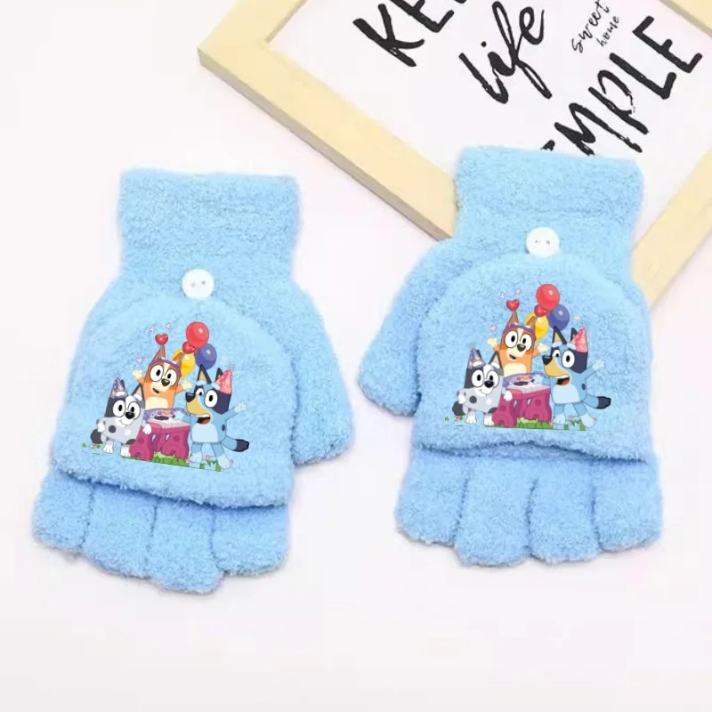 Bluey Bingo Gloves Autumn Winter Warm Flip Half Finger Gloves Plush Warm Play Phone Writing Cartoon Cute Kids Birthday Xmas Gift