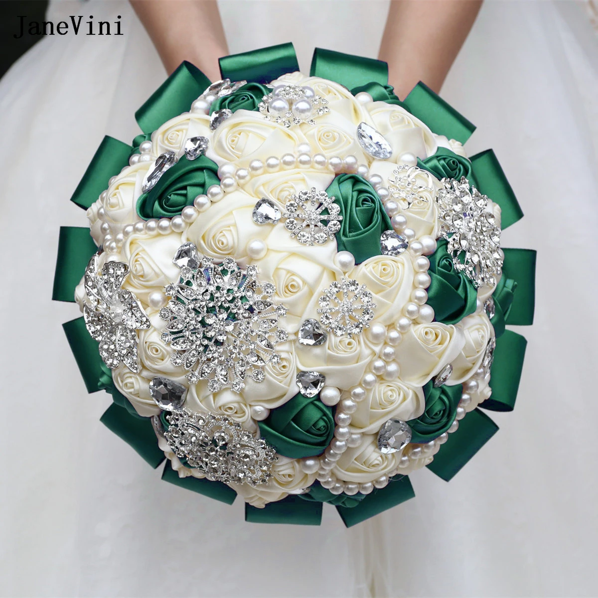 

JaneVini Elegant Dark Green Ivory Bridal Holding Bouquets Flowers Bling Crystal Pearls Handmade Satin Roses Wedding Accessories