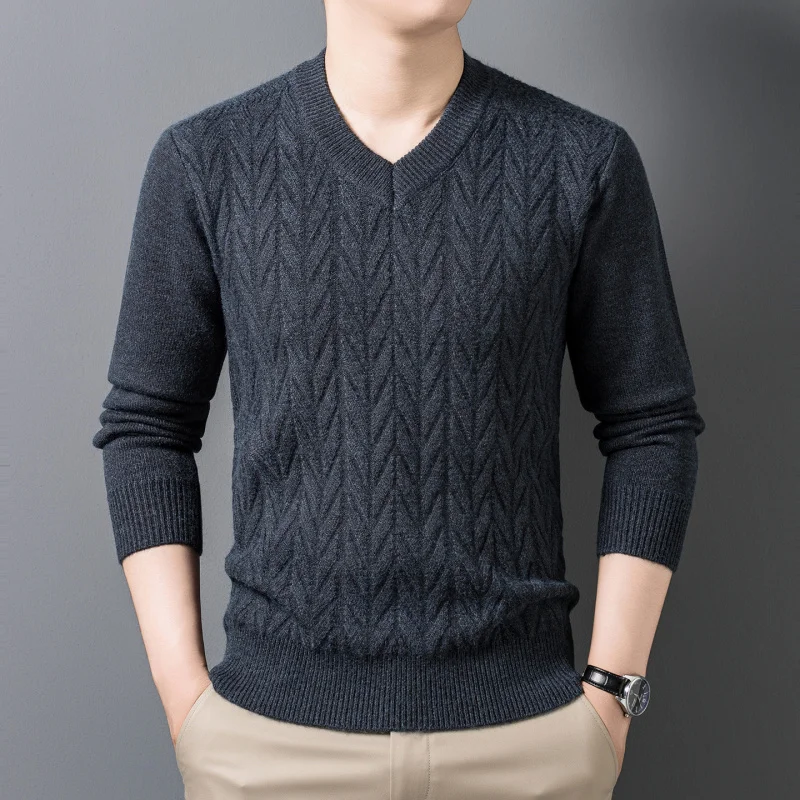 

Осень-зима, новый стиль, мужской шерстяной свитер среднего возраста, повседневная теплая одежда для папы, вязаная базовая рубашка с вырезом в форме сердца, свитер