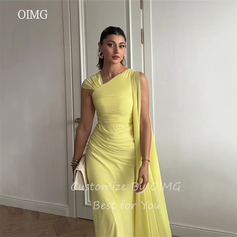 OIMG Elegant Yellow A-line Prom Gowns Cape Sleeve Formal Party Gown Chiffon Evening Dress vestidos de fiesta