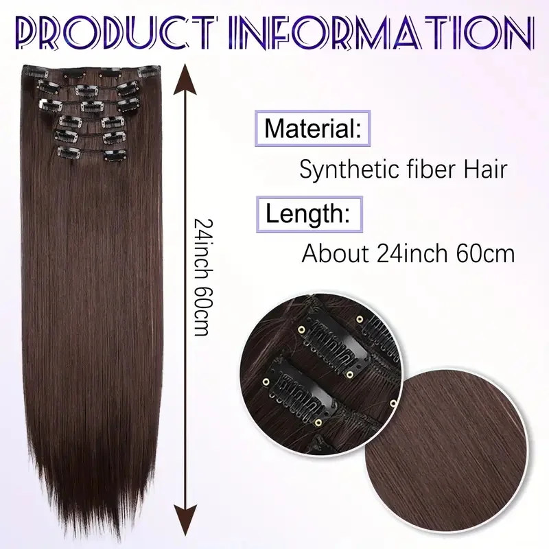 Sintético 6pcs/set Extensiones de Cabello Lacio Largo Ultra-invisibles Cabeza Completa Clip In 24 Pulgadas para Mujeres Uso Diario 2